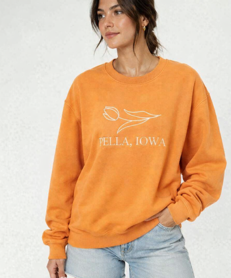 Pella Iowa Embroidered Orange Crewneck Sweatshirt for Women | Oversized Casual Pullover
